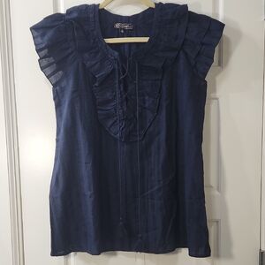 DG2 by Diane Gilman Navy Ruffle Sleeve Blouse